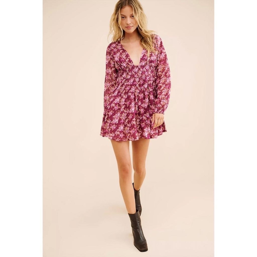 Free People Cotton Maroon Floral Long Sleeve Smocked Waist Mini Dress Sz. M